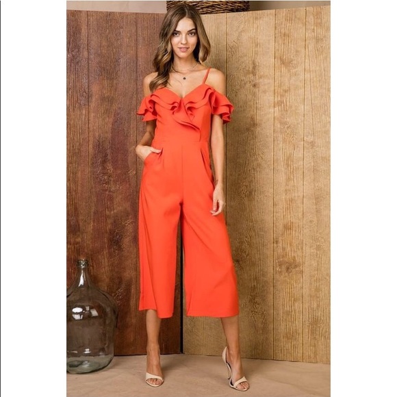 Red Orange Tulip Ruffle Off The Shoulder Jumpsuit - Picture 1 of 5